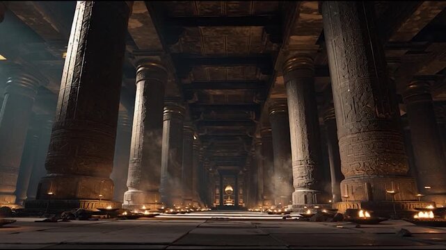 Ancient Egyptian Temple Hall with Massive Columns and Torches.