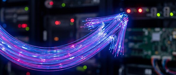 Glowing fiber optic arrow visually representing rapid data transmission, internet speed, and technological advancement