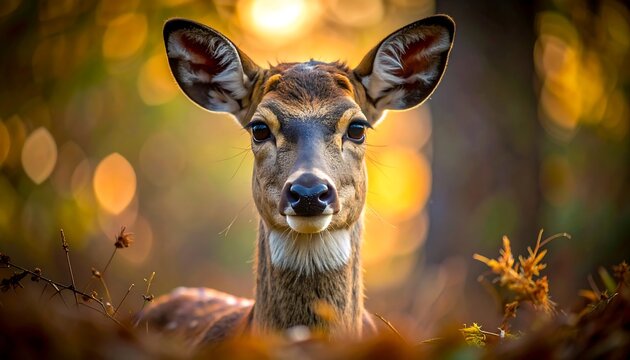 A close-up portrait shows a deer with large ears and dark eyes peering forward. The background is blurred with warm bokeh - Powered by Adobe