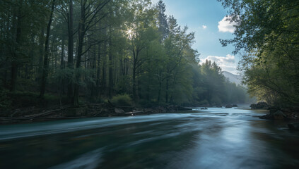 Misty river flowing through sunlit forest with soft light and tranquil mood