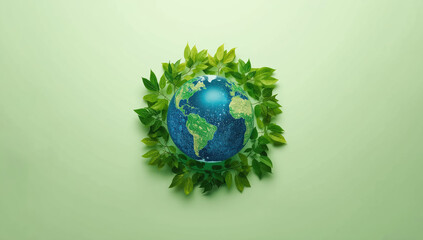 Earth globe surrounded by green leaves, environmental protection and sustainability feeling