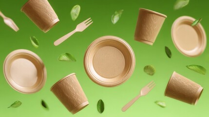Naklejka premium Biodegradable cups, plates, and forks float among green leaves on a vibrant backdrop, illustrating sustainable dining, zero waste lifestyle, and environmentally conscious branding concepts.