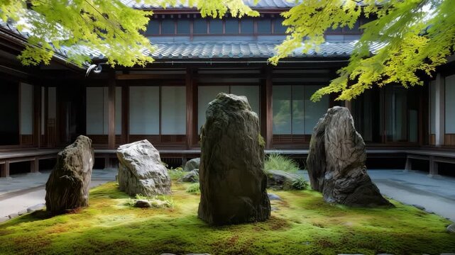 静かな寺の苔庭と石組を正面から捉えた景観写真