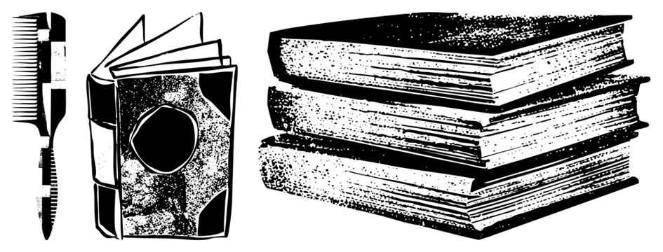 Vintage Book Stack and Comb Vector Illustration Set