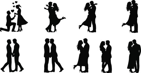Collection of romantic couple silhouettes showing love, proposal, dancing, and hugging poses