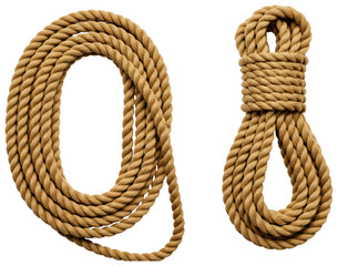 Brown hemp rope coiled and tied in hanging loop knot on a transparent background