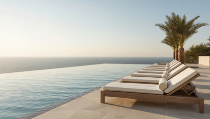 Infinity pool terrace with sun loungers and ocean view at sunset, serene luxury resort atmosphere