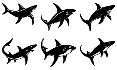 Six Black Shark Silhouettes on White Background ocean