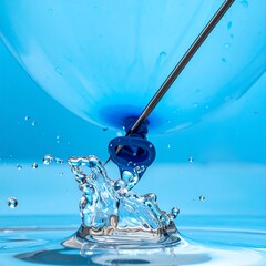 Blue balloon pierced by needle over water. Splash of water droplets in mid-air. Square composition