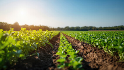 Obraz premium Young vegetable seedlings in neat soil rows under bright sunrise, fresh natural growth