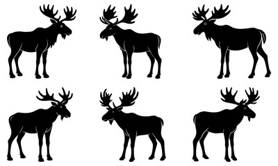 Six black moose silhouettes with antlers on white background