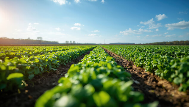 Green crop field under blue sky with sunlight and distant trees