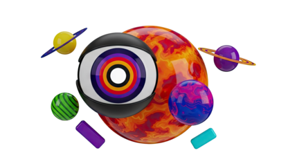 Abstract 3D Cosmic Objects with Eye and Planets
