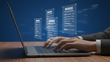 Businessperson working on laptop with digital invoices floating above keyboard