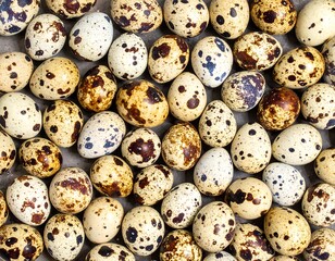 Obraz premium Close-up view of a collection of speckled oval-shaped eggs