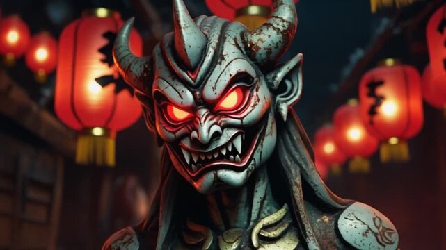 Demon creature in a Japanese setting with glowing red eyes and lanterns
