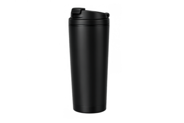 Black matte stainless steel travel mug, a reusable coffee cup or water bottle, providing insulation for drinks on the go