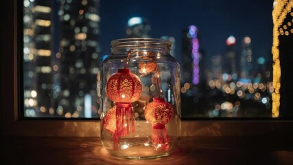 Glowing decorative orbs in a glass jar on a windowsill overlooking a cityscape at night, with blurred skyscrapers in the background, for ambiance or travel promotions