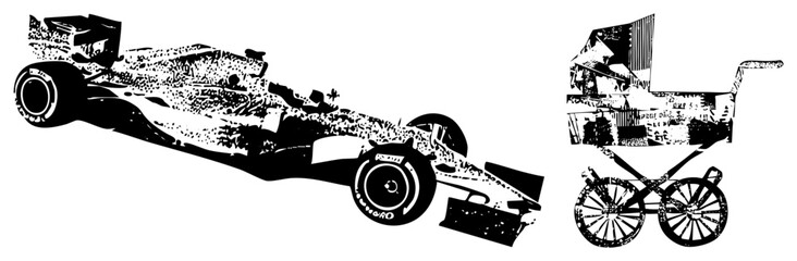 Obraz premium Vintage Stroller and Modern Formula 1 Car Side by Side Vector Illustration
