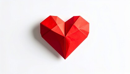 A geometric paper heart, folded from red paper, resting on a white background