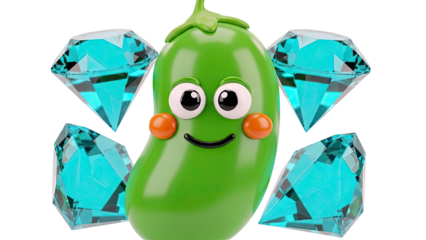 Happy Green Pepper Character Surrounded by Teal Diamonds