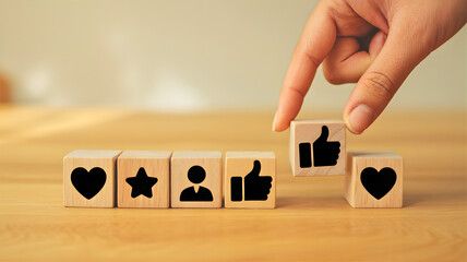 Conceptual image of a hand placing a 'thumbs up' icon block, symbolizing the importance of positive feedback and user engagement in building a strong online presence and brand reputation