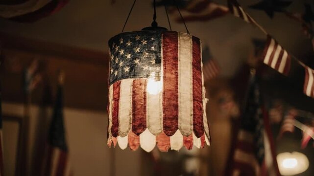 Patriotic American flag lamp shade hanging with blurred background flags
