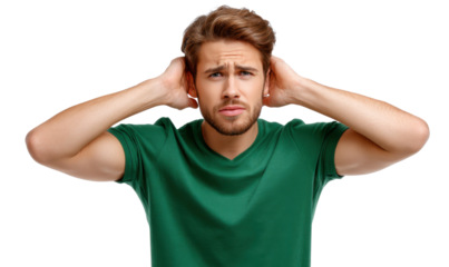 Frustration and Uncertainty: A person, captured from the chest up, covers their ears in a gesture of disbelief and bewilderment.