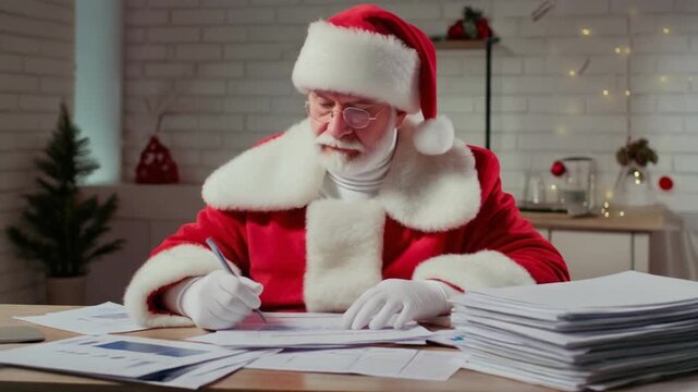 Santa Claus working at desk in decorated room, writing on papers with pen, stacks of documents nearby, Christmas tree in background, holiday season