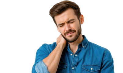 Man in Pain: Portrait of a man showing pain in his neck, symbolizing physical discomfort or strain.