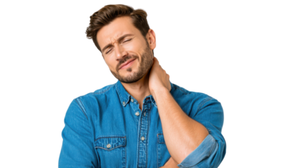 Man with Neck Pain: A man is captured in a moment of distress, his hand gently grasping his neck, conveying the discomfort and strain he feels.