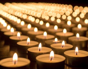 Rows of glowing candles, soft focus on some with many blurred lights above