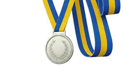 Silver medal with blue and yellow ribbon