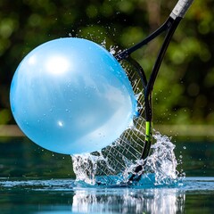 Blue balloon pops on contact with a racket over rippling water, creating splash, with greenery background