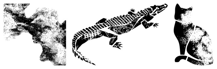 Fototapeta premium Stylized Crocodile, Tree, and Cat Silhouettes in Halftone Vector Design