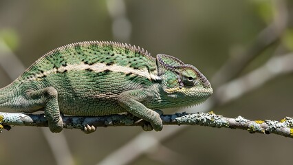 Naklejka premium Vibrant green chameleon perched on branch in natural habitat