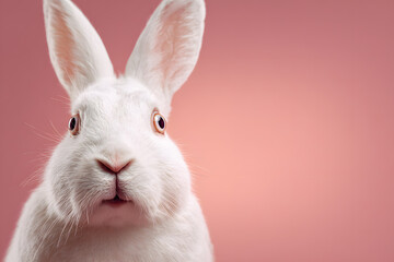 Obraz premium White rabbit with wide eyes looking surprised against a simple pink background
