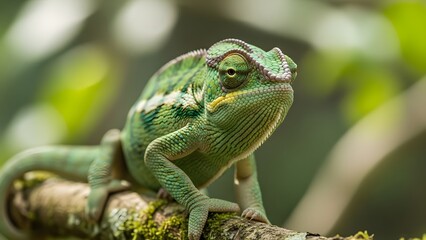Obraz premium Vibrant green chameleon perched on mossy tree branch in forest