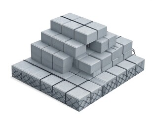Stacked, gray, rectangular concrete blocks forming a pyramidal structure