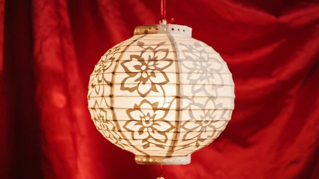 A decorative paper lantern with floral patterns hangs against a red fabric background, possibly for cultural or festive use