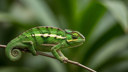 Obraz premium Vibrant green chameleon perched on thin branch in lush environment