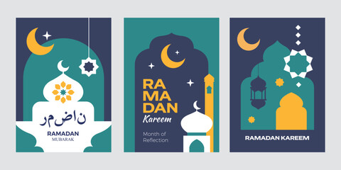 Set of Ramadan Kareem cover, poster, greeting card with mosque, crescent moon, and islamic decorative elements in geometric flat style. © titusurya