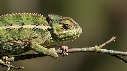 Vibrant green chameleon perched on branch with mossy texture