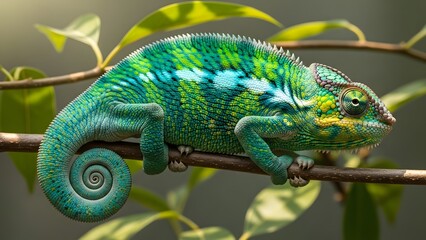 Naklejka premium Vibrant green chameleon perched on tree branch in natural habitat