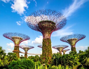 Large, futuristic tree structures in a verdant garden under a blue sky