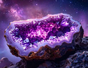 Large, purple, crystal-filled geode rests on a rocky surface, galaxy backdrop