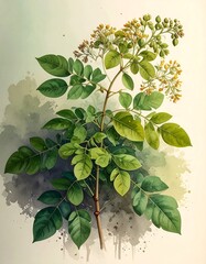Botanical illustration of plant  leaves, stems, and small, clustered flowers against a soft, painterly background