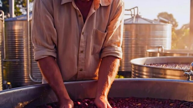 Sunlit coffee cherries in fermentation vat, producer rinses and inspects fruit, farmhand gently stomps berries with bare feet, hands scoop and let water run through vivid red cherries, metal