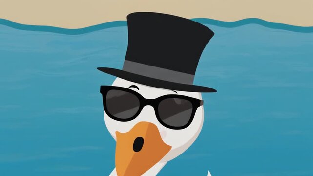 Goose wearing sunglasses and top hat. Funny cartoon goose. White and orange goose. Goose in water. Vector illustration. Goose head. Black hat and glasses. Aquatic scene. Humorous animal.