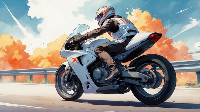 大型バイクに乗るヘルメットの男性ライダーツーリング